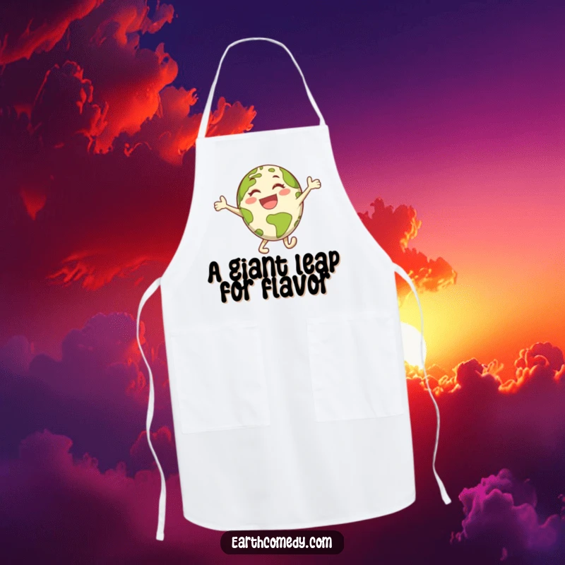Funny Earth apron depicting an energetic planet character in a joyful leap, ideal for kitchen fun and humor.