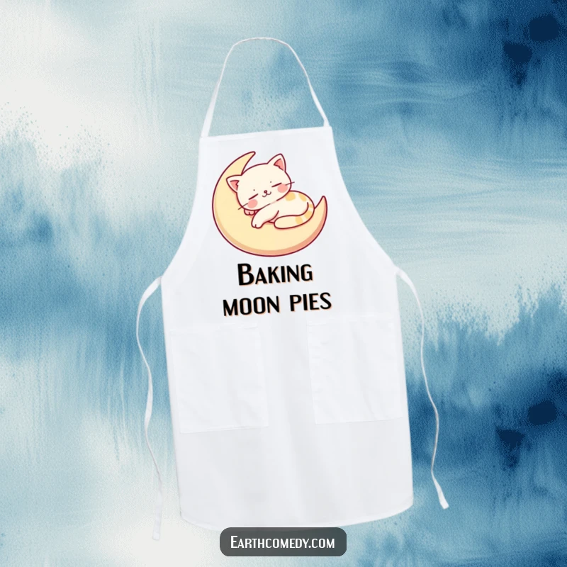 Funny apron showcasing a happy, stylized cat napping contentedly on a crescent moon cushion, bringing whimsical kitchen humor.