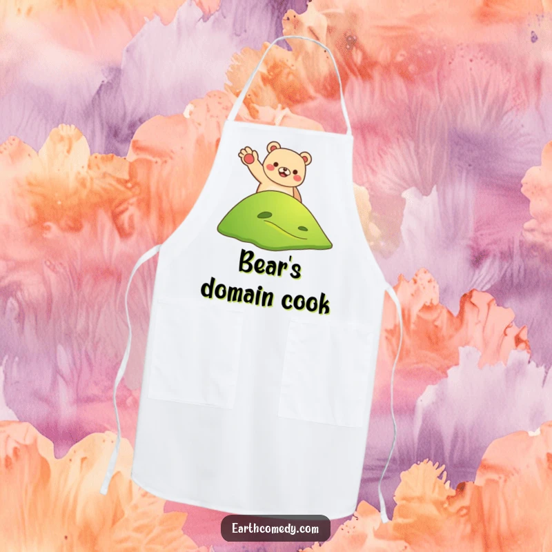 Funny bear earth welcoming apron with a smiling bear waving from a hill on Earth, practical and humorous kitchen wear, a funny gift.