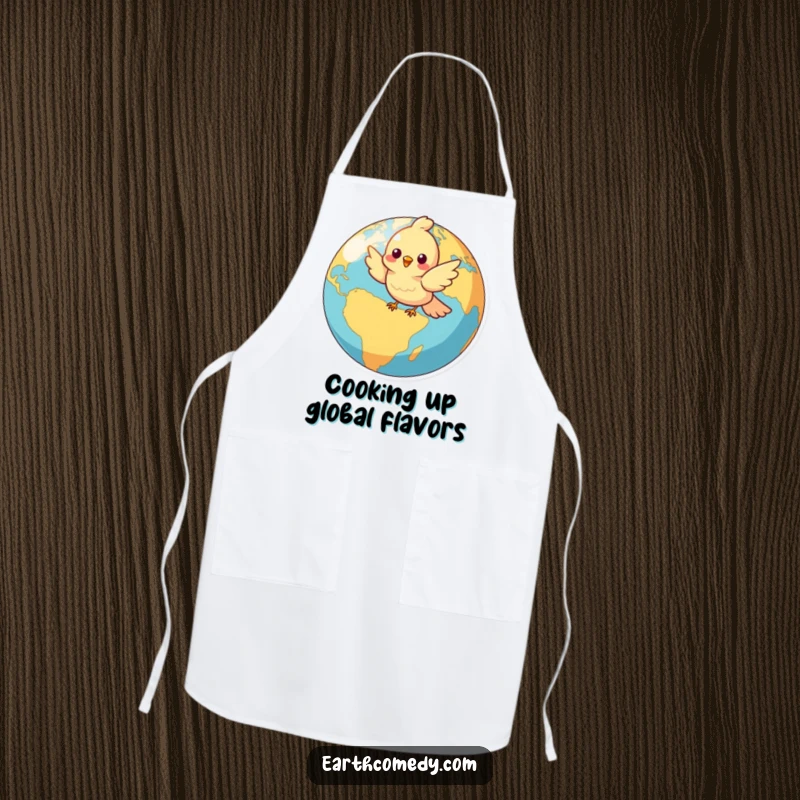 Funny apron featuring a cheerful bird character soaring around a colorful globe, ideal for a kitchen with personality.