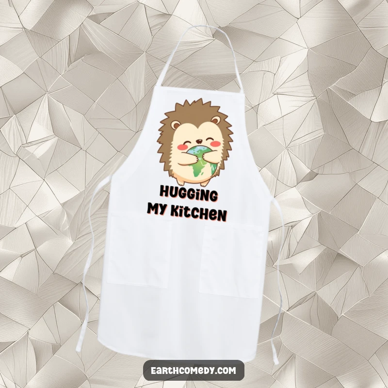 Funny hedgehog earth hugger apron with a cute hedgehog hugging planet Earth, practical and humorous kitchen wear, a funny gift.