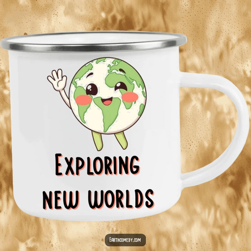 Funny camping mug with a happy Earth character waving enthusiastically, perfect for outdoor cheer and planet lovers.