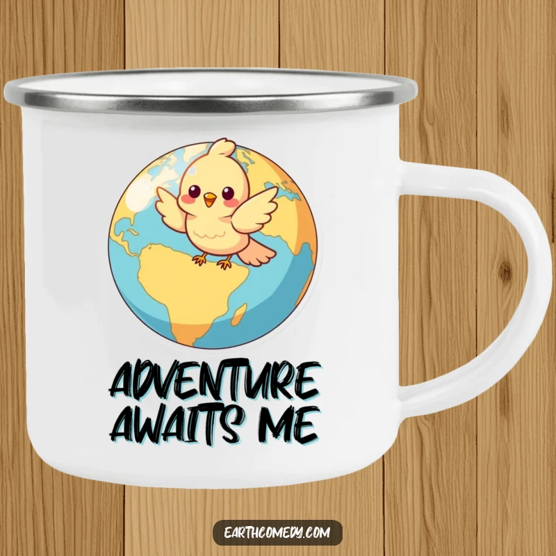 Funny enamel camping mug featuring a cheerful bird character flying around a vibrant Earth, perfect for outdoor enthusiasts.