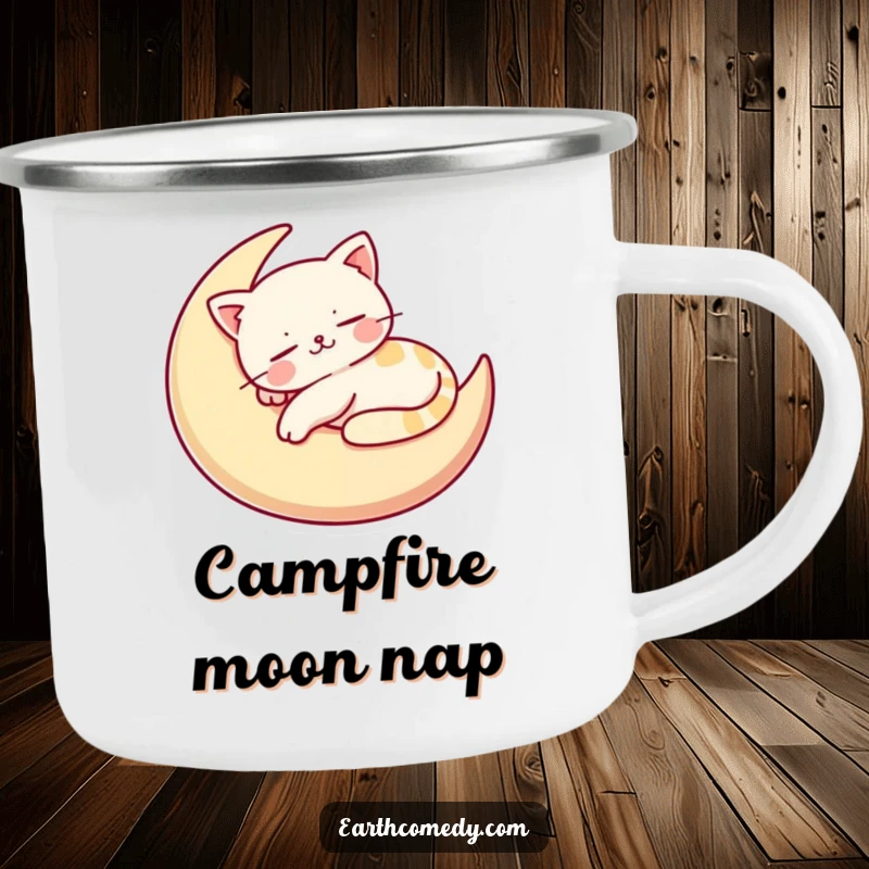 Funny camping mug with a contented cat character napping on a crescent moon, bringing cozy, humorous vibes to outdoor trips.