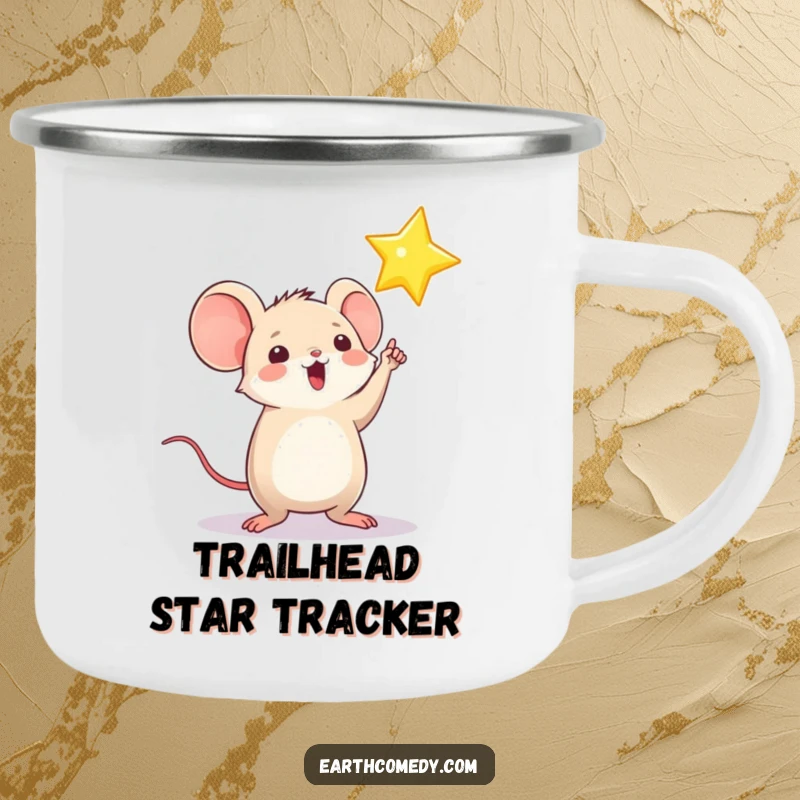 Funny camping mug with a playful mouse character pointing towards a shining star, perfect for outdoor aspiration and humor.