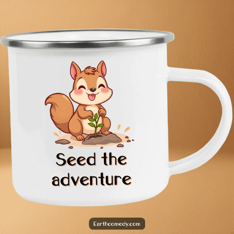 Funny camping mug of a joyful squirrel character planting a seedling, embodying nature's happiness outdoors.