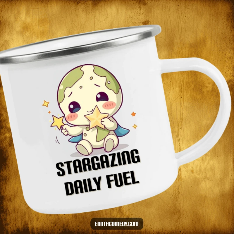 Funny Earth camping mug showing a planet character playfully interacting with a sparkling star accessory, designed for outdoor magic.