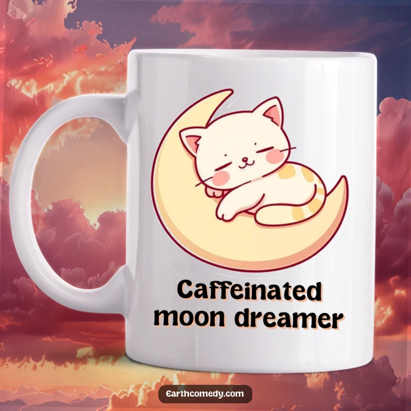 Funny mug featuring a stylized, happy cat character napping peacefully on a cushion shaped like a crescent moon, evoking calm.