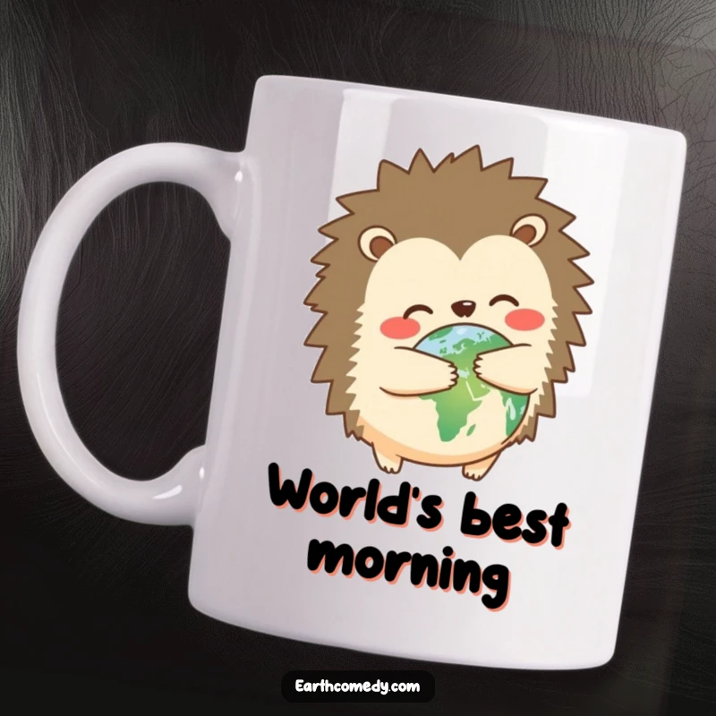 Funny hedgehog hugging a small planet Earth mug, cute and heartwarming design for nature lovers, a funny gift.