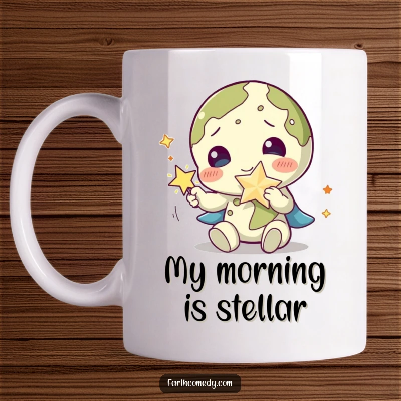Funny Earth character mug showing a happy planet playing with a shiny, sparkling star accessory, full of wonder.