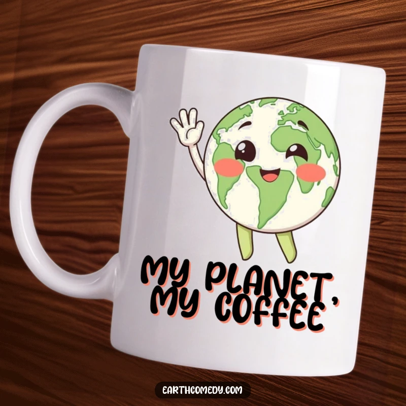 Funny, happy Earth character waving enthusiastically with continents, radiating joy and global fun.