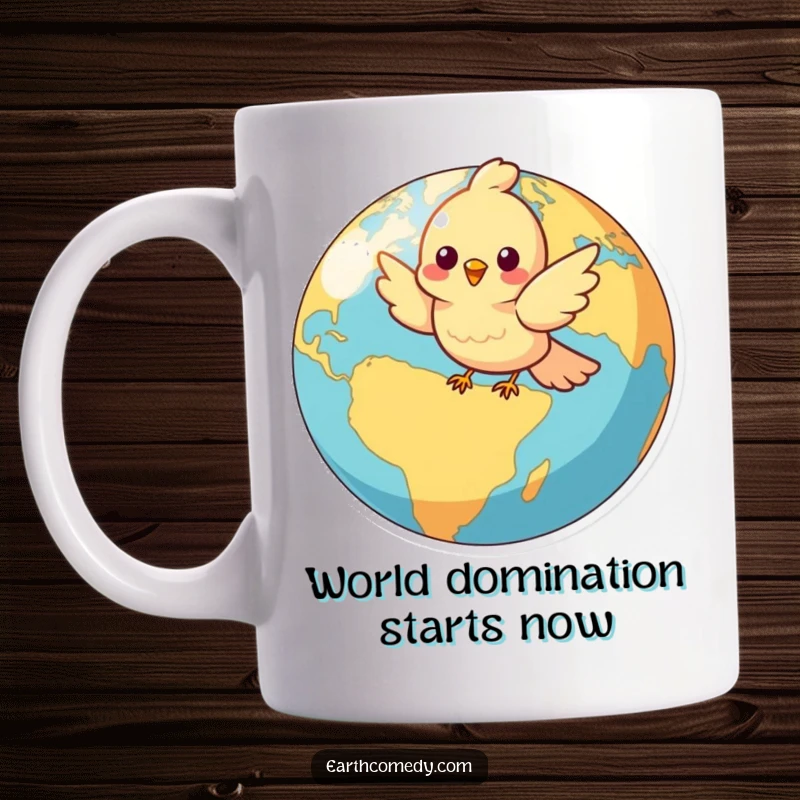 Funny mug with a cheerful bird character flying joyfully around a colorful, vibrant globe, symbolizing adventure and fun.