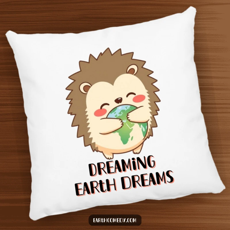 Funny hedgehog earth hugger pillow with a cute hedgehog hugging planet Earth, soft, cozy, and humorous, a funny gift.