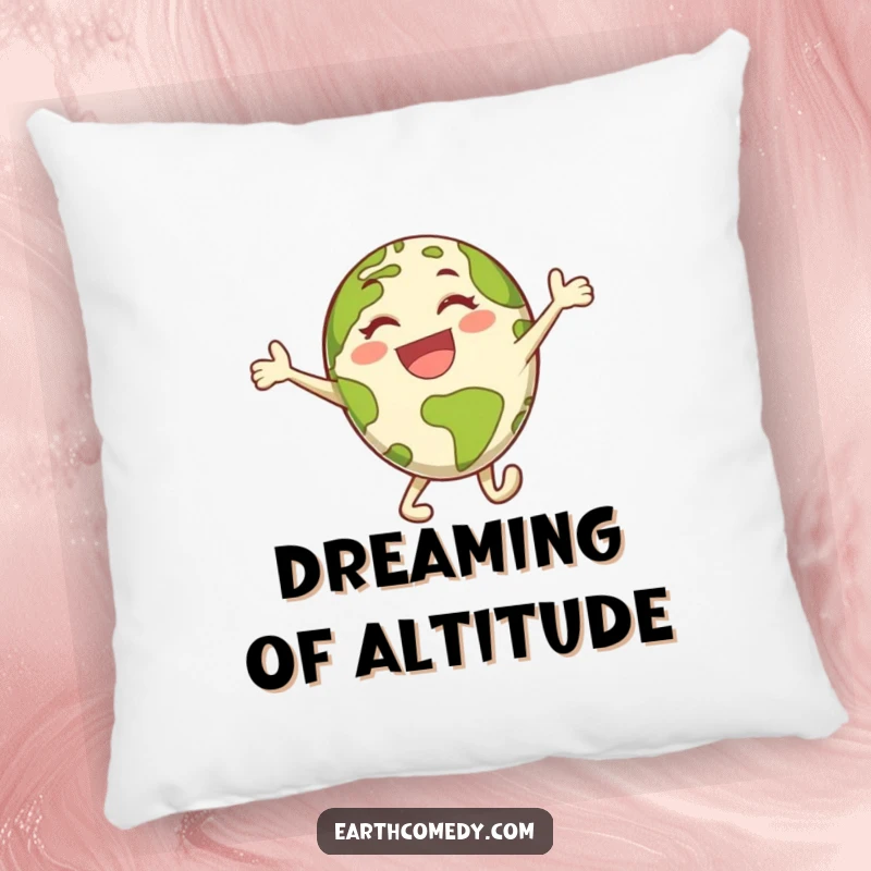 Funny Earth pillow featuring a happy planet character performing an energetic, joyful leap, offering comfort and humor.