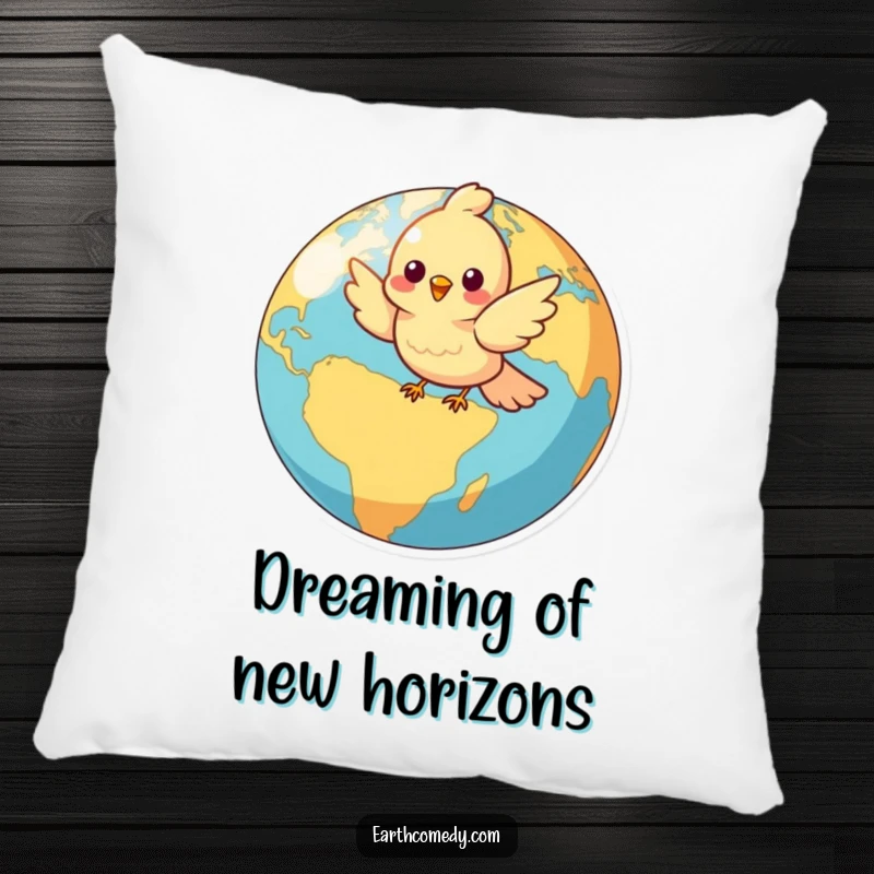 Funny throw pillow with a cheerful bird character flying around a vibrant globe, adding a touch of whimsy to home decor.