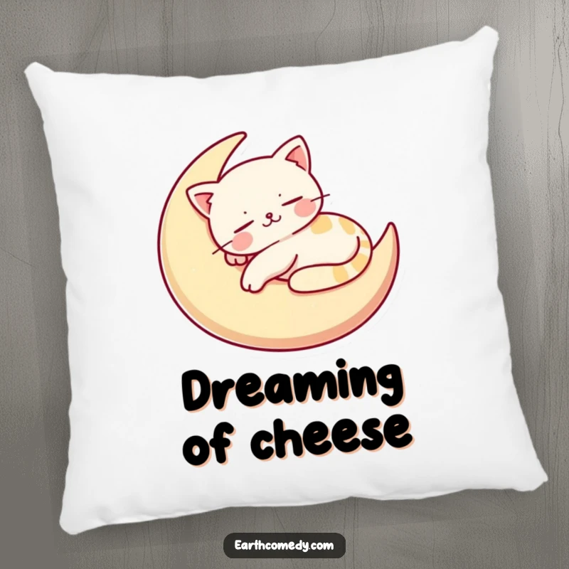 Funny pillow featuring a contented, stylized cat character napping on a crescent moon cushion, perfect for cozy, humorous relaxation.