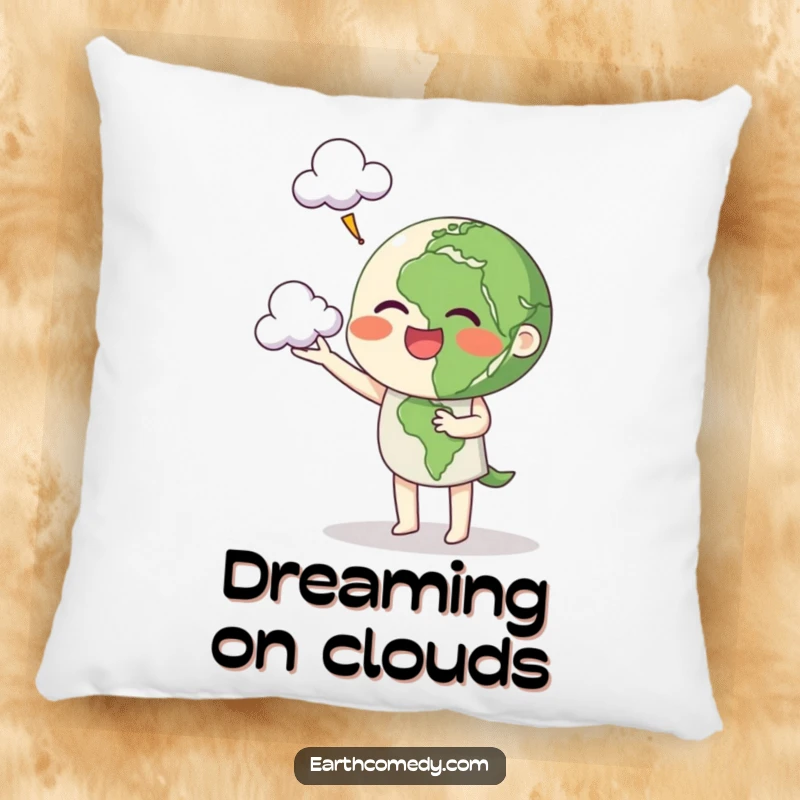 Funny Earth pillow featuring a planet character cheerfully juggling clouds, offering comfort and whimsical charm.