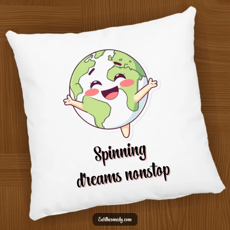 Funny Earth pillow featuring a planet character spinning with delight, offering comfort and a smile.