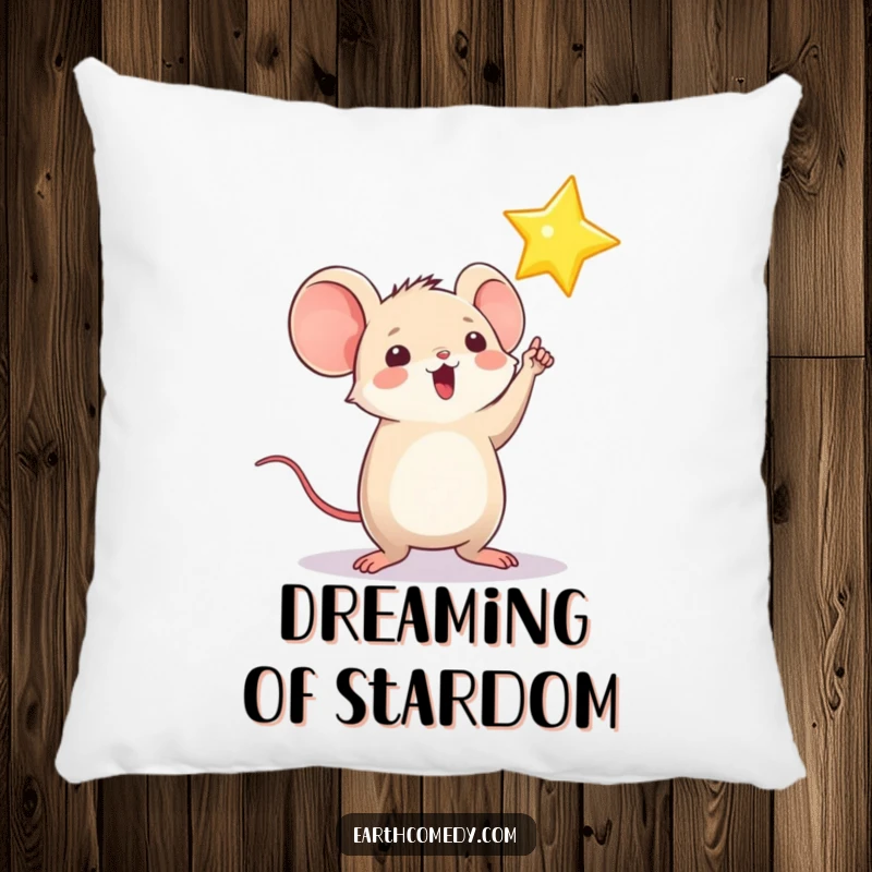 Funny pillow featuring a playful, round mouse character pointing towards a bright, shining star, perfect for cozy, aspirational vibes.