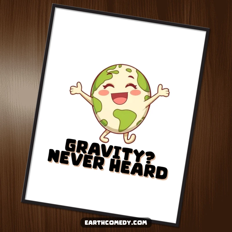 Funny Earth digital art print of an energetic planet character performing a joyful leap, radiating happiness and fun.