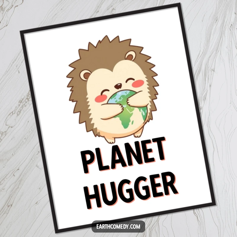 Funny hedgehog earth hugger digital art print of a cute hedgehog hugging planet Earth, adorable and humorous wall decor, a funny gift.