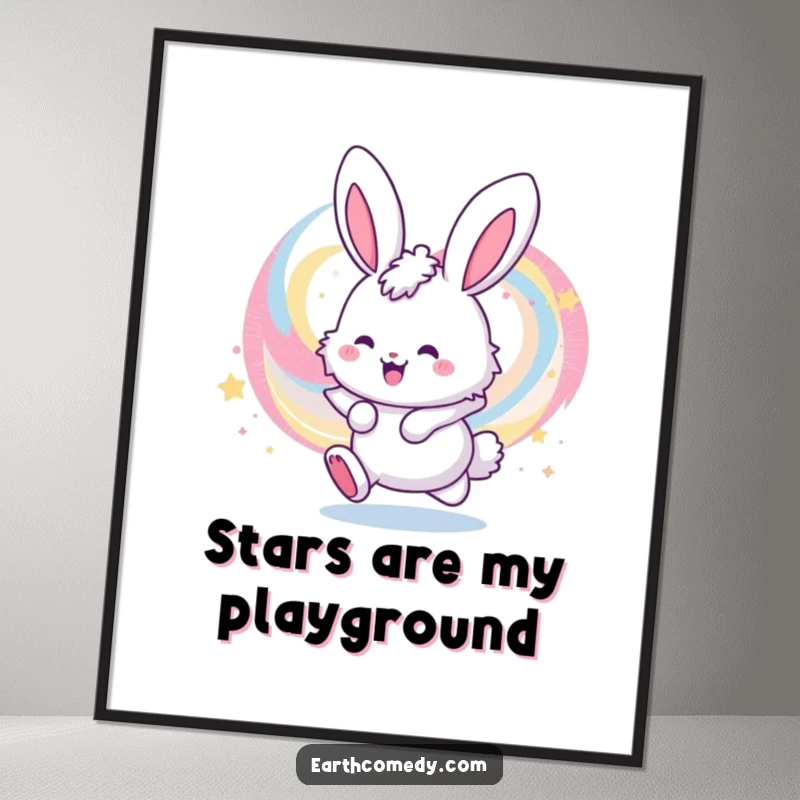 Funny digital art print of a cheerful, fluffy bunny character bouncing energetically within a stunning, colorful swirling galaxy.