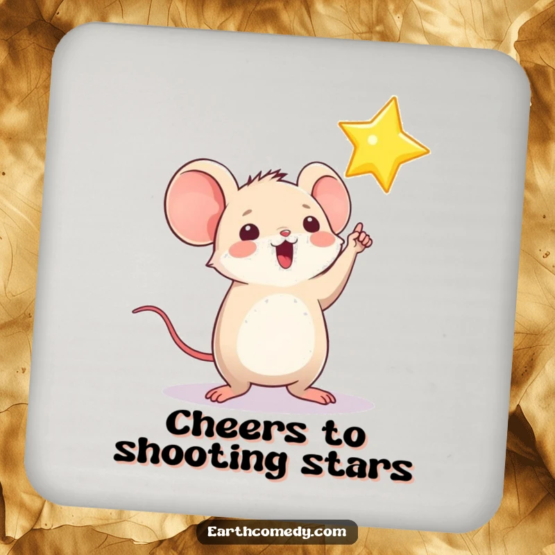 Funny drink coaster featuring a playful mouse character pointing at a shining star, adding aspirational flair to any surface.