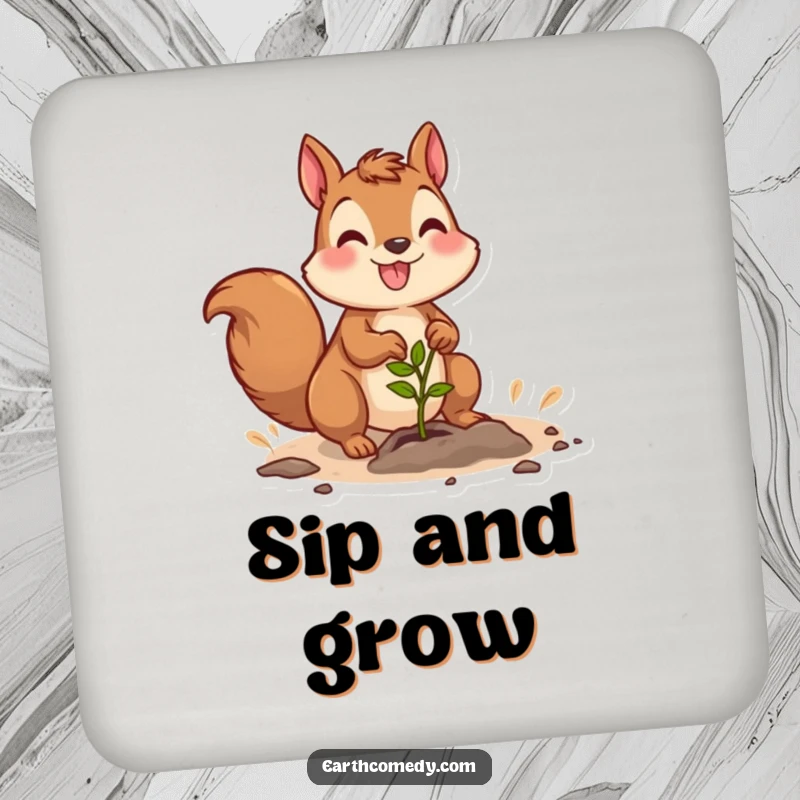 Funny drink coaster showing a joyful squirrel character planting a seedling, protecting tables with charm.