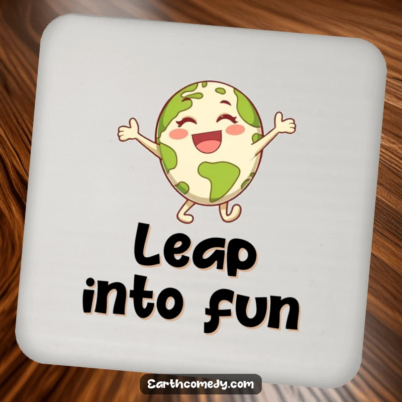 Funny Earth drink coaster featuring an energetic planet character in a delightful, joyful leap, adding humor to tabletops.
