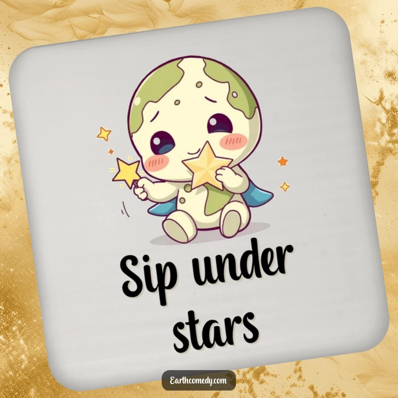 Funny Earth drink coaster with a planet character playing with a sparkling star accessory, adding cosmic flair to tables.