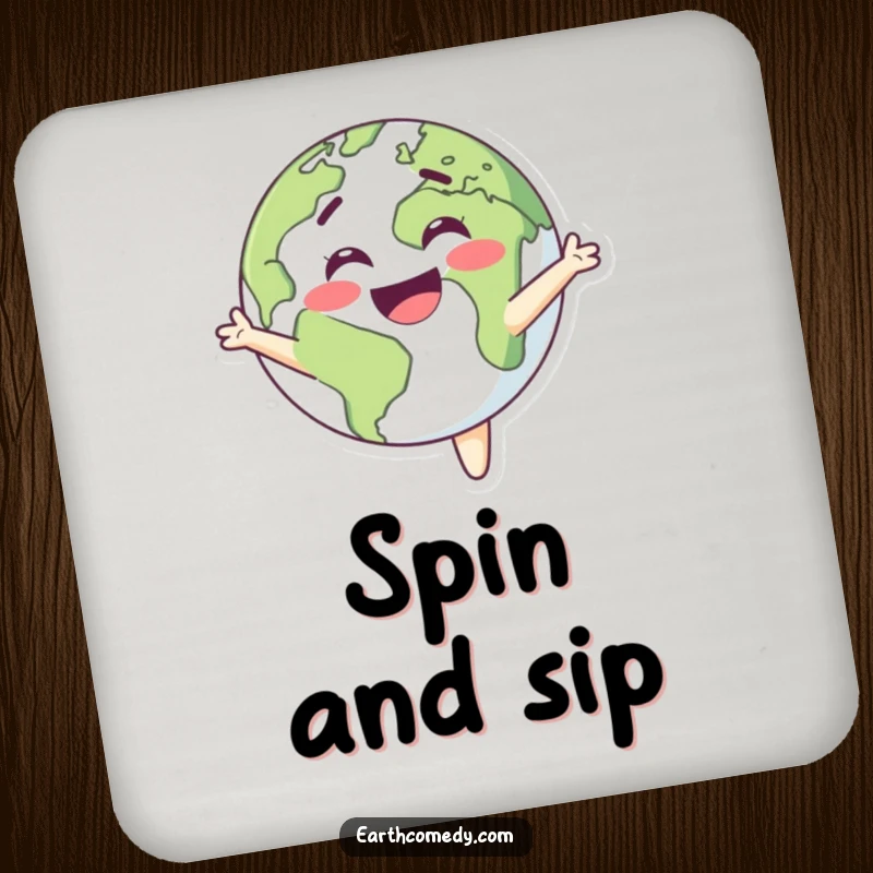 Funny Earth drink coaster with a planet character spinning with delight, adding a cheerful vibe to tabletops.