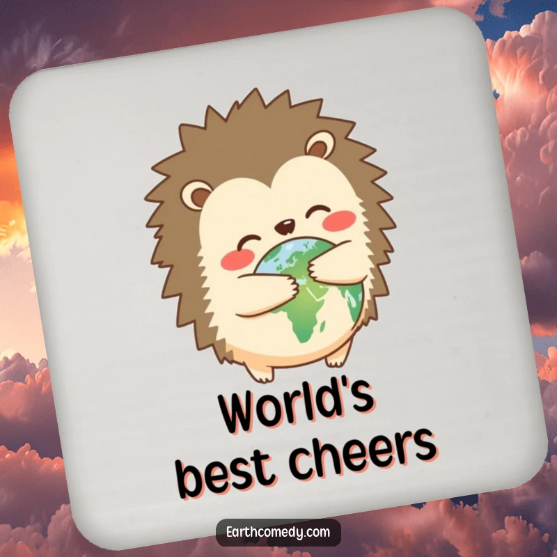 Funny hedgehog earth hugger drink coasters featuring a cute hedgehog hugging planet Earth, protecting surfaces with charm and humor, a funny gift.