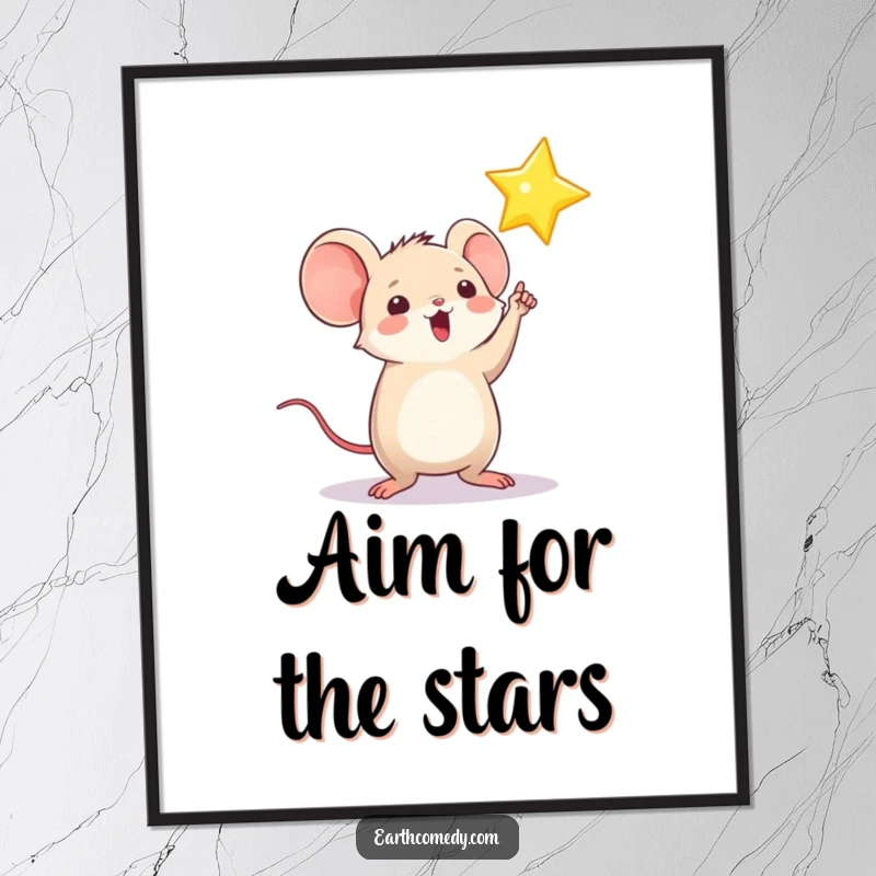 Funny poster art depicting a playful, round mouse character pointing excitedly at a brilliant, shining star, adding aspirational decor.