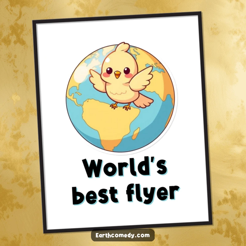 Funny poster art of a cheerful bird character in flight, circling a bright and detailed representation of the Earth.
