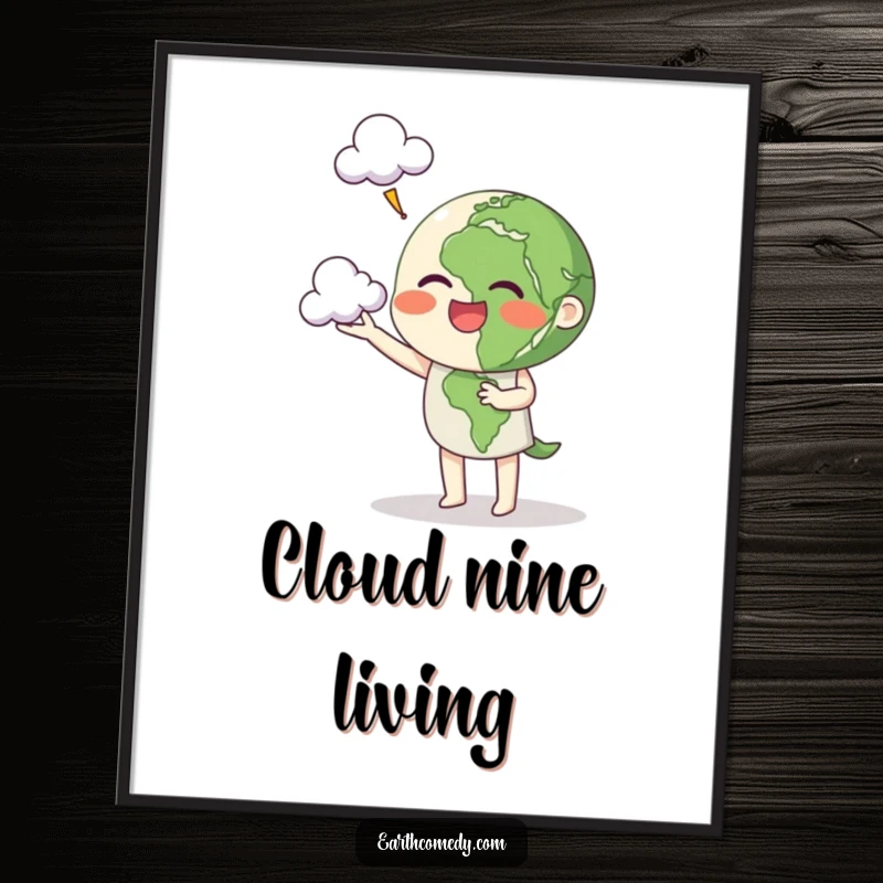 Funny Earth poster featuring a cheerful planet character skillfully juggling three small clouds, radiating happiness.