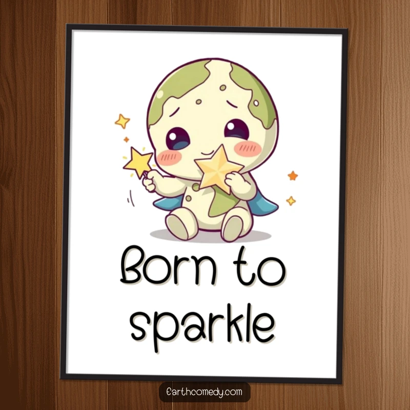 Funny Earth poster displaying a planet character playfully interacting with a dazzling, sparkling star accessory, evoking wonder.