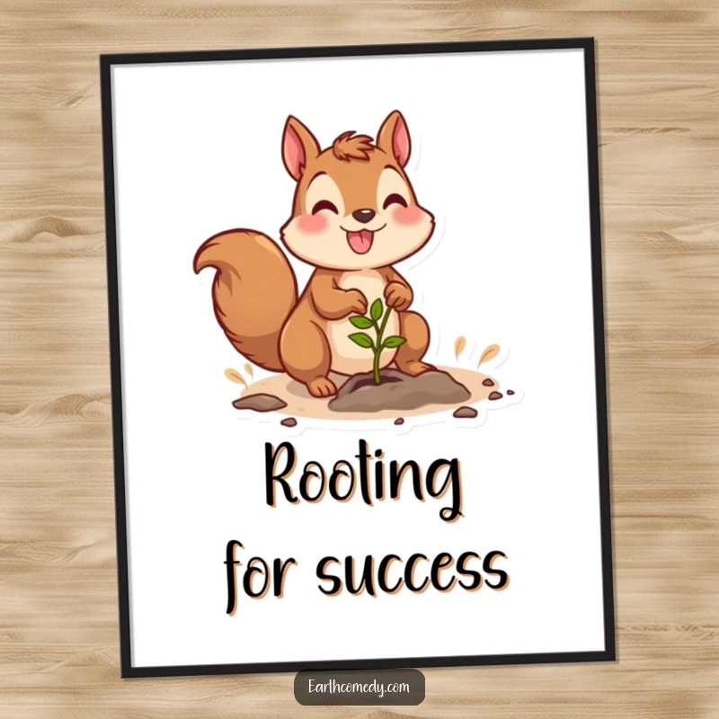 Funny poster art of a joyful squirrel character planting a seedling, bringing nature's happiness indoors.