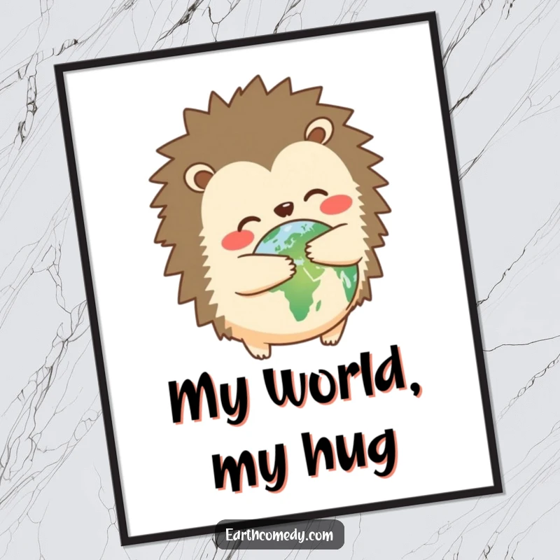 Funny hedgehog earth hugger poster featuring a cute hedgehog hugging planet Earth, adorable and humorous wall decor, a funny gift.