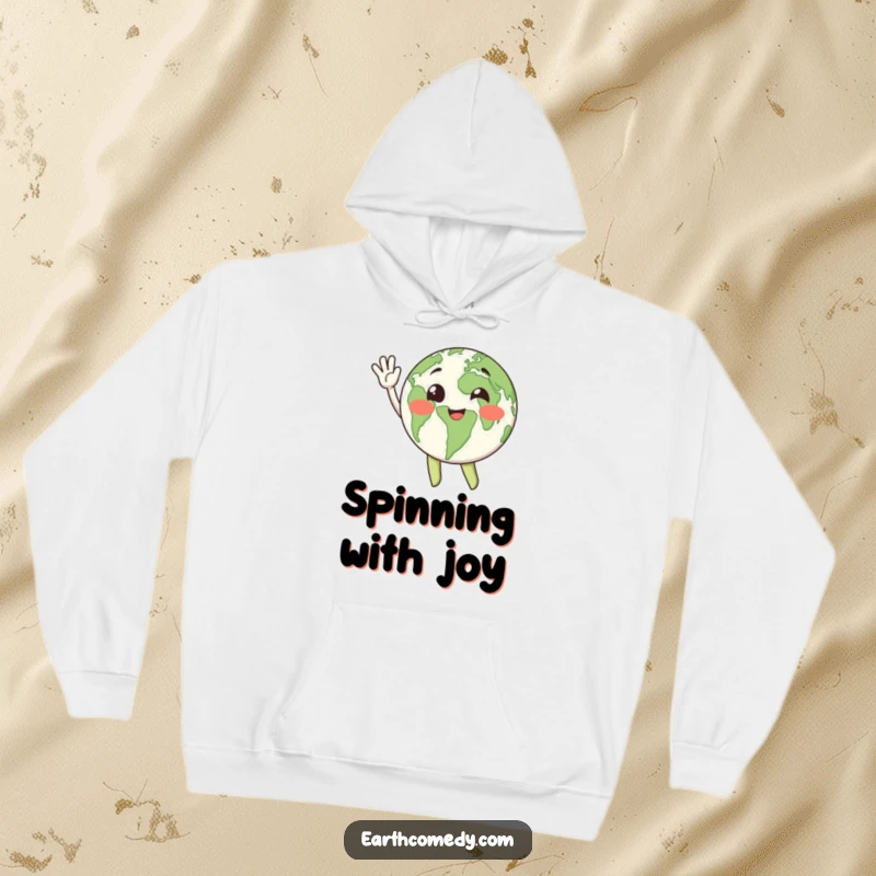 Funny, warm hoodie featuring a happy Earth character waving enthusiastically, ideal for spreading cheer.