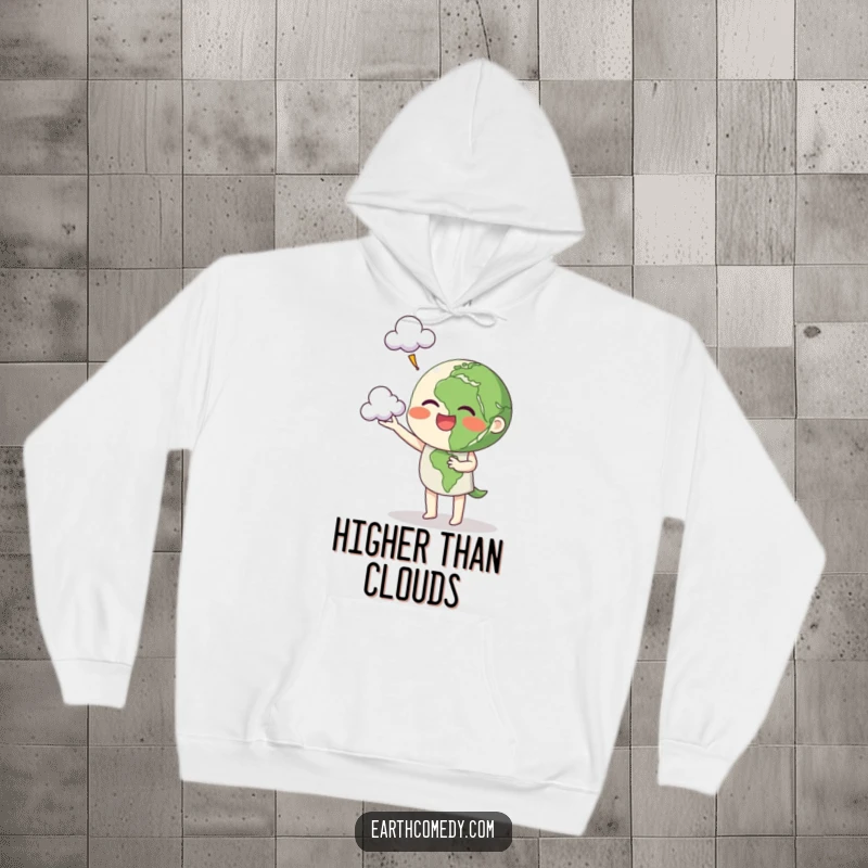 Funny Earth hoodie featuring a cheerful planet character juggling small clouds, perfect for cozy, whimsical wear.