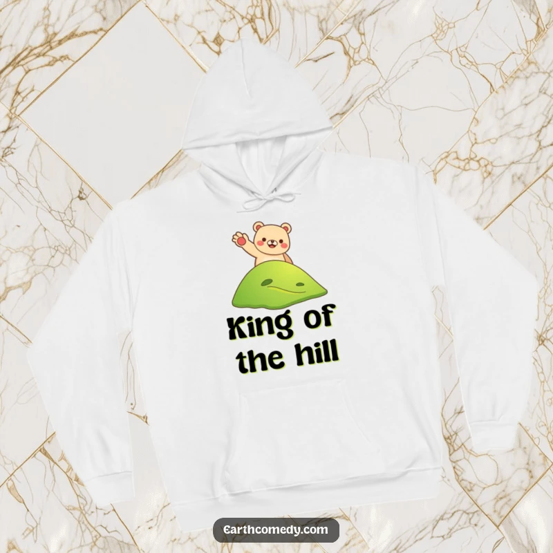 Funny bear earth welcoming hoodie with a smiling bear waving from Earth's hill, cozy and humorous apparel, a funny gift.