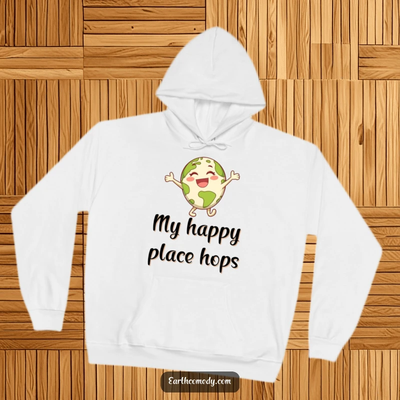 Funny Earth hoodie featuring a happy planet character in a dynamic, joyful leap, radiating fun and warmth.