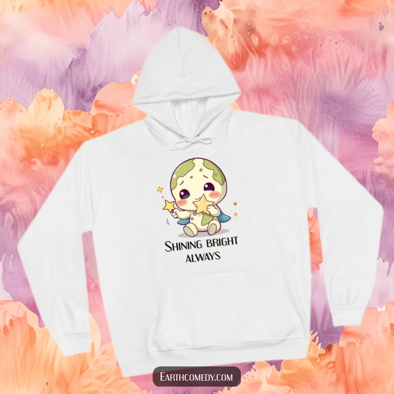 Funny Earth hoodie with a cheerful planet character engaged in playful interaction with a sparkling star accessory.