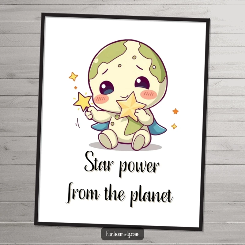 Funny Free Printable Wall Art: Earth character playfully interacting with a bright, sparkling star accessory, radiating cosmic joy.