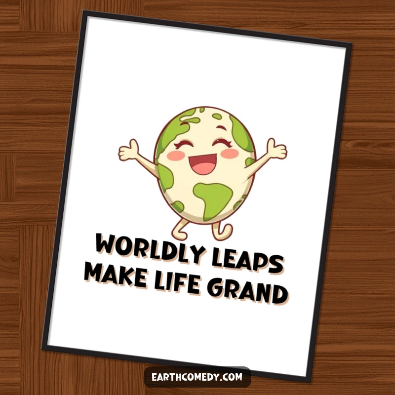 Funny Free Printable Wall Art: An energetic Earth character in a vibrant, joyful leap, full of life and cosmic energy.