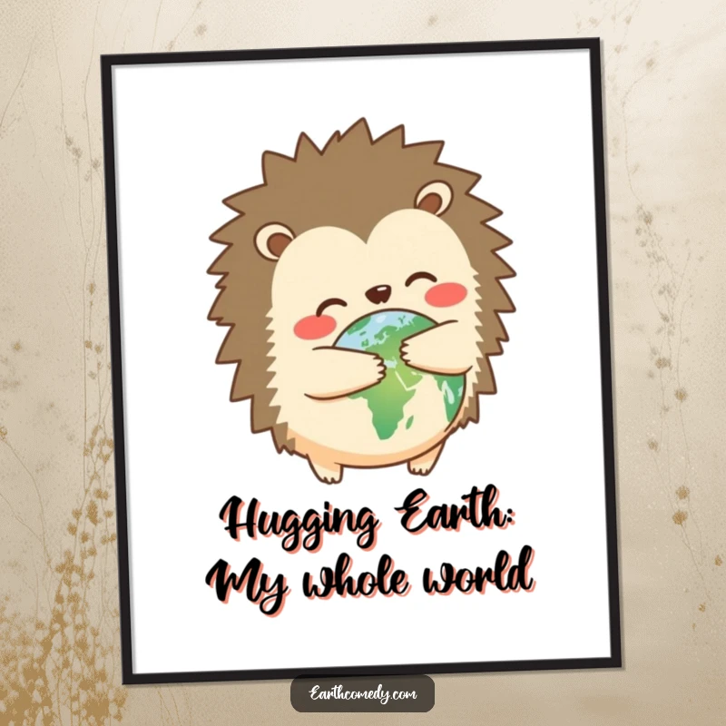 Funny Free Printable Wall Art: A cute hedgehog hugs planet Earth, showcasing global affection.
