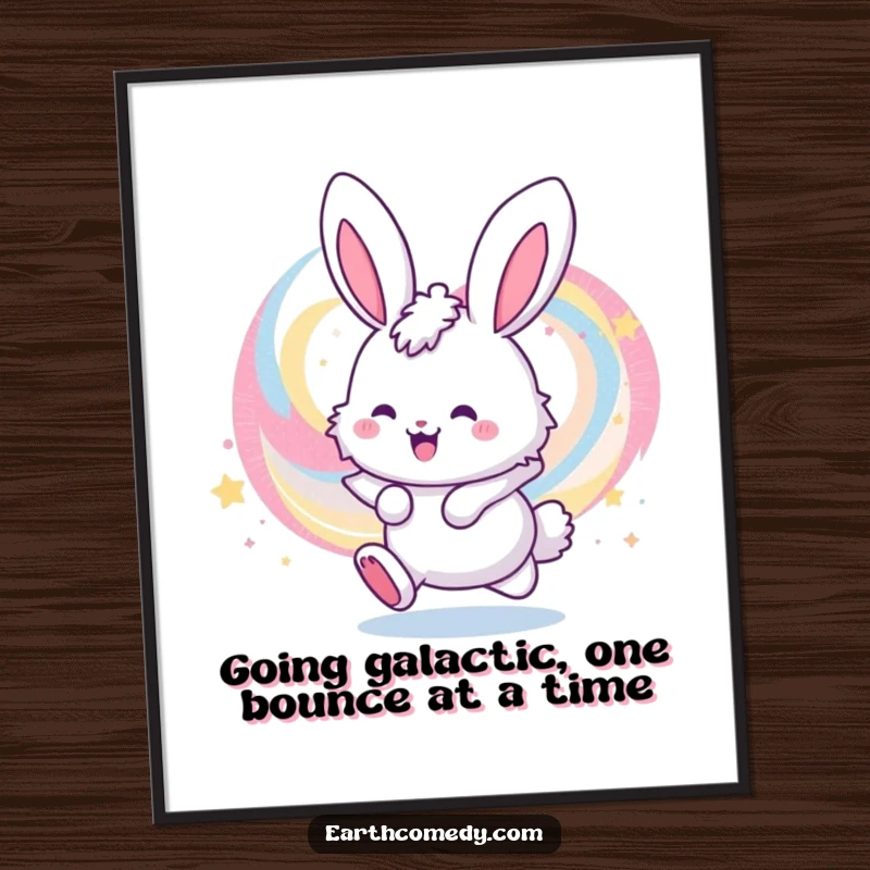 Funny Free Printable Wall Art, a fluffy bunny bounces joyfully through a colorful, swirling galaxy, adding cosmic charm.