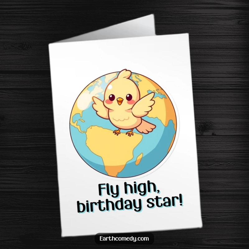 Funny Free Printable Birthday Card: Cheerful bird soaring joyfully around a colorful earth, spreading birthday cheer.