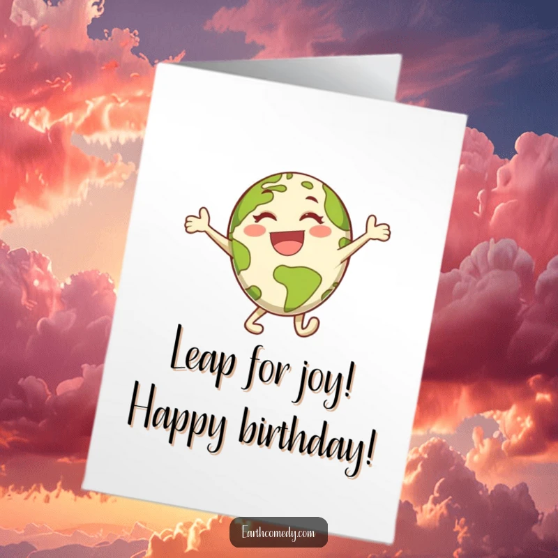 Funny Free Printable Birthday Card: Energetic Earth character leaping joyfully, radiating happiness, ready for a birthday celebration.