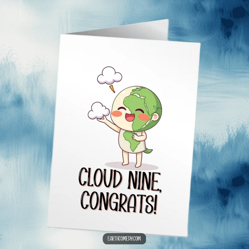 Funny Free Printable Congratulations Card: Earth character skillfully juggling three small clouds with a cheerful expression, celebrating success.